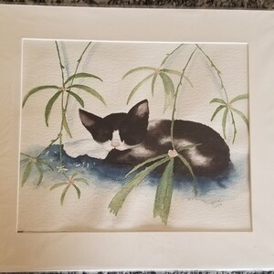 Original Watercolor of Black & White Kitten