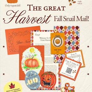 May include: A collection of autumn-themed stationery including a letter, a pumpkin illustration, a tarot card labelled The Sun, and cards with QR codes for wallpapers and a playlist. The text reads The Great Harvest Fall Snail Mail.