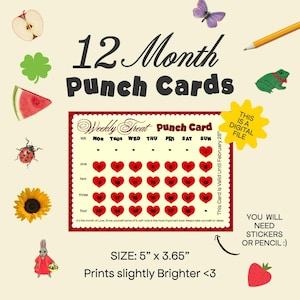 Peut inclure: Un fichier numérique avec un design de carte de récompense hebdomadaire. La carte présente des cases en forme de cœur pour chaque jour de la semaine, avec le texte "12 Month Punch Cards". La carte mesure 12,7 cm x 9,27 cm et comprend des illustrations décoratives.