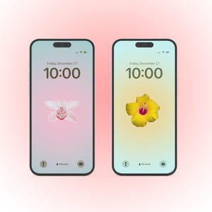 May include: Two smartphone mockups with different flower backgrounds. The left phone has a pink and white orchid on a pink and blue gradient background. The right phone has a yellow hibiscus on a yellow and blue gradient background. Both phones display the time 10:00 and the date Friday, December 27.