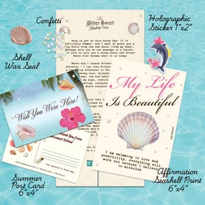 May include: A stationery set featuring a letter from The Bitter Sweet Healing Club, a 6x4 inch summer postcard with a hibiscus flower, a 6x4 inch affirmation print with a seashell, a 1x2 inch dolphin sticker, star confetti, and a shell wax seal.
