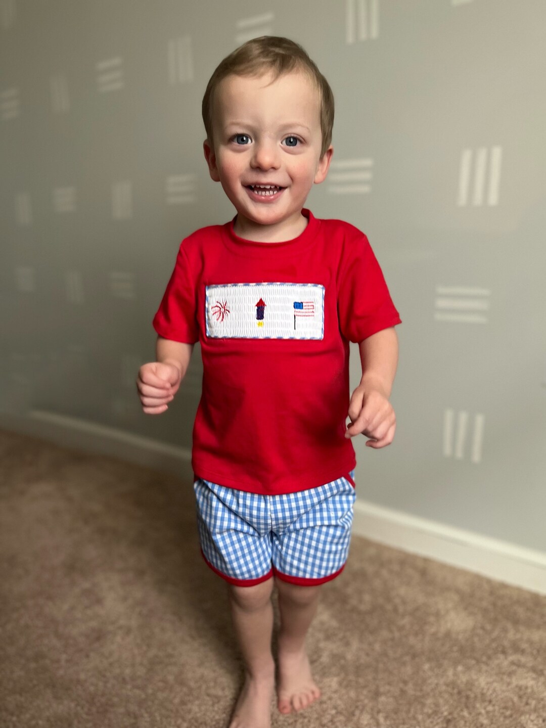 Shop Teeta Boys Blue Check Smocked Patriotic Shorts Set main image 1