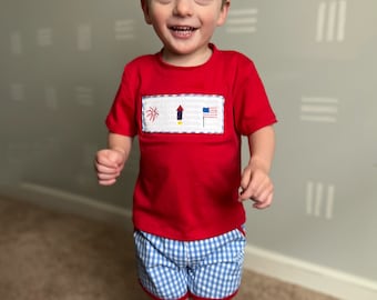 Patriotic boy short set -smocked Fourth of July shirt - embroidered blue gingham Independence Day outfit plaid - free shipping