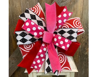 Christmas Red, Pink, Black and White Bow for Lantern, Bright Pink Wreath Bow, Red Pink Holiday Bow Decor, Black White Harlequin Holiday Bow