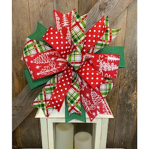 Red Christmas Tree Bow for Lantern, Red Green Plaid Holiday Wreath Bow , Farmhouse Christmas Bow for Lantern, Country Christmas Tree Bow