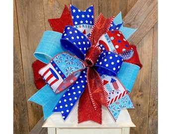 Patriotic Bow for Lantern, Bright Red White Blue Ribbon Bow for Wreath, Whimsical Happy 4th of July Decor, Summer Fireworks 4th Wreath Bow