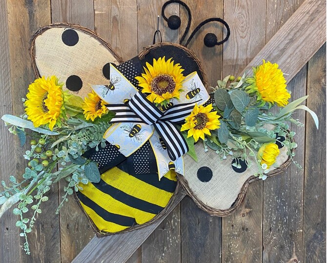 Bee Grapevine Wreath for Front Door, Bumble Bee Burlap Door Hanger ...