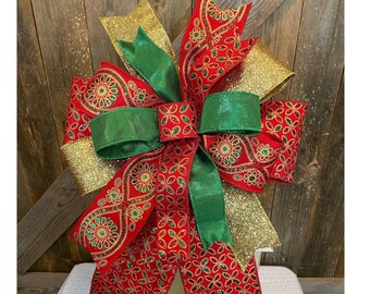 Elegant Christmas Lantern Bow, Red Emerald Green Gold Wreath Bow, Holiday Door Decor, Traditional Christmas Bow Decor, Christmas Gift Bow