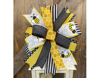 Spring Bee Bow for Lantern, Yellow Summer Ribbon Bow for Wreath, Bee Honey Comb Decor, Colorful Summer Lantern Topper,  Bumble Bee Bow