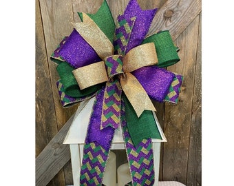 Mardi Gras Bow for Lantern, Glittery Mardi Gras Wreath Bow, Fat Tuesday Bow Decor, New Orleans Festive Bow, Fleur De Lis Decor, Mardi Gras