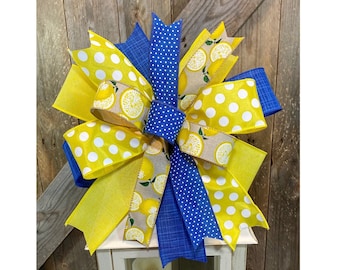 Lemon Bow for Lantern, Yellow Blue Summer Ribbon Bow for Wreath, Lemon Door Decor, Colorful Summer Lantern Topper,  Year Around Wreath Bow