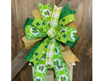 St. Patrick's Day Bow for Lantern, Shamrock Ribbon Bow for Wreath, St. Patty's Day Decor, Green and Gold Clover Wreath Bow, Irish Shamrock