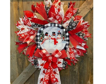 Snowman Wreath for Front Door, Winter Wreath, Christmas Decor, Cardinal Wreath, Farmhouse Snowman with Buffalo Plaid, Let it Snow