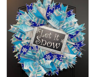 Blue Winter Wreath for Front Door, Let It Snow Wreath, Snowman Door Decor, Snowflake Wreath, Blue Snow Wreath, Icicle Wreath