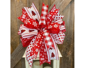 Red and White Christmas Bow for Lantern, Whimsical Christmas Wreath Bow, Holiday Bow Decor, Christmas Door Hanger Bow, Christmas Decor