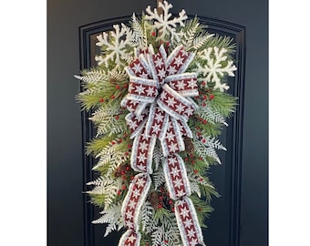 Winter Pine Teardrop Swag, Evergreen Christmas Pine Wreath, Snowflake and Berries Door Decor, Christmas Swag Wreath, Winter Door Wreath