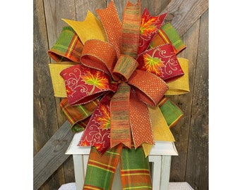 Fall Leaves Lantern Bow, Fall Wreath Bow, Plaid Fall Bow Decor, Autumn Bow, Door Hanger Bow, Whimsical Fall Bow, Thanksgiving Lantern Bow