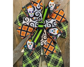 Day of the Dead Halloween Bow, Sugar Skull Bow for Lantern, Dios de Los Muertos Wreath Bow, Halloween Decor, Trick or Treat Lantern Swag