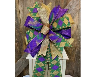 Mardi Gras Bow for Lantern, Glittery Mardi Gras Wreath Bow, Fat Tuesday Bow Decor, New Orleans Bow, Fleur De Lis Decorations, Mardi Gras