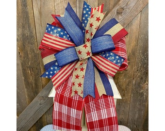 Rustic Patriotic Bow for Lantern, Red White Blue Ribbon Bow for Wreath, Happy 4th of July Decor, Stars and Stripes Wreath Bow, Country 4th