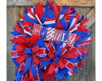 Patriotic Wreath for Front Door, 4th of July Wall Decor, Red White & Blue Wreath, God Bless America Wreath, Stars and Stripes Wreath