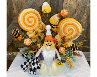 Halloween Floral Centerpiece for Table, Trick or Treat Gnome Pumpkin, Whimsical Halloween Candy Floral Arrangement, Halloween Decor