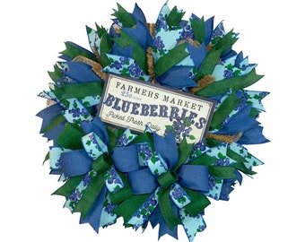 Summer Blueberry Wreath. Farmer's Market Door Decor, Summertime Wreath, Mother's Day Gift, Housewarming Gift, Blue & Green Front Door Decor