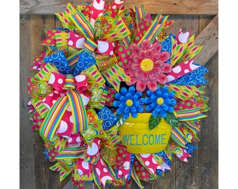 Floral Summer Wreath for Front Door, Summer Door Decor, Bright Summer Wreath, Welcome Spring Flower Wreath, Mother's Day Gift