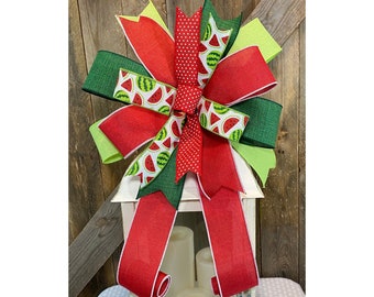 Watermelon Bow for Lantern, Summer Wreath Bow, Red Green Lime Ribbon Bow, Lantern Topper, Watermelon Wreath Bow, Watermelon Decorations