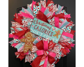 Gingerbread Christmas Wreath, Red Pink Blue Whimsical Wreath, Christmas Calories Wreath, Candy Cane Sweets Decor, Christmas Gift for Mom