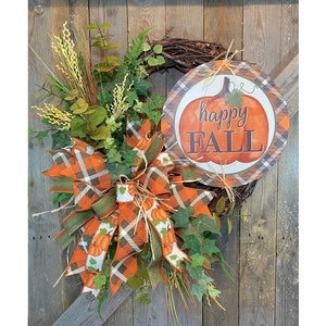 Fall Floral Grapevine Wreath for Front Door, Happy Fall Door Decor, Fall Greenery Wreath,  Pumpkin Front Porch Wreath, Thanksgiving Decor