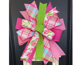 Spring Tulip Lantern Bow, Spring Bow Decor, Floral Bow for Wreath, Spring Lantern Topper, Pastel Plaid Colored Bow, Spring Flowers Bow