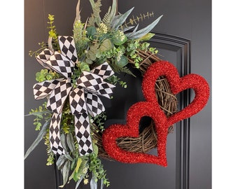 Valentine Grapevine Wreath for Front Door, Happy Valentines Day Wreath, Valentine Greenery Wreath, Red Heart Wreath, Harlequin Ribbon Wreath