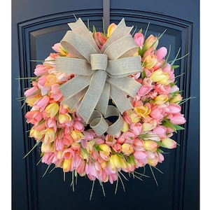 Peach Tulip Grapevine Wreath for Front Door, Spring Floral Wreath, Farmhouse Tulips, Spring Door Decor, Gift for Her, Mother&#39;s Day Gift