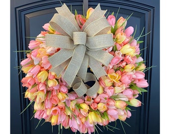 Peach Tulip Grapevine Wreath for Front Door, Spring Floral Wreath, Farmhouse Tulips, Spring Door Decor, Gift for Her, Mother's Day Gift
