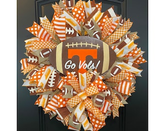 UT Football Wreath for Front Door, University of TN Door Decor, Orange and White Tennessee Wreath, Go Vols Wreath, Vol for Life