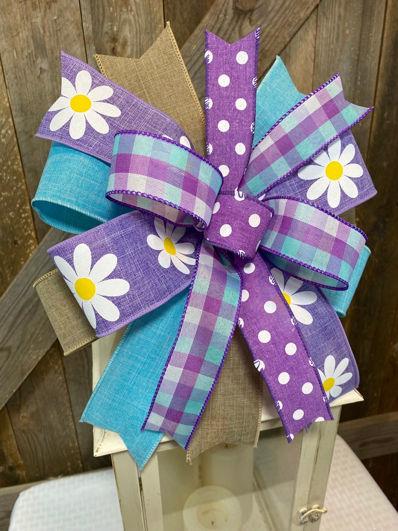 Bright Flower Bow for Lantern, Spring Summer Bow for Wreath, Purple Floral Bow Decor, Colorful Spring Flower Lantern Topper, Easter Decor image 3