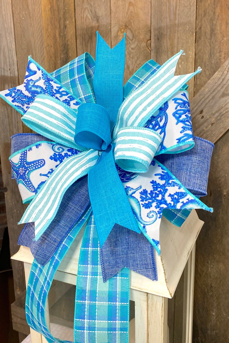 Beach Bow for Lantern, Ocean Ribbon Bow for Wreath, Year Around Beach House Decor, Nautical Door Decor, Starfish Bow for Wreath, Sea Bow image 5