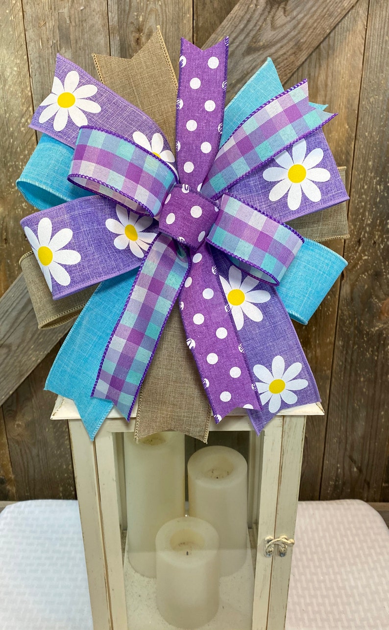 Bright Flower Bow for Lantern, Spring Summer Bow for Wreath, Purple Floral Bow Decor, Colorful Spring Flower Lantern Topper, Easter Decor image 7