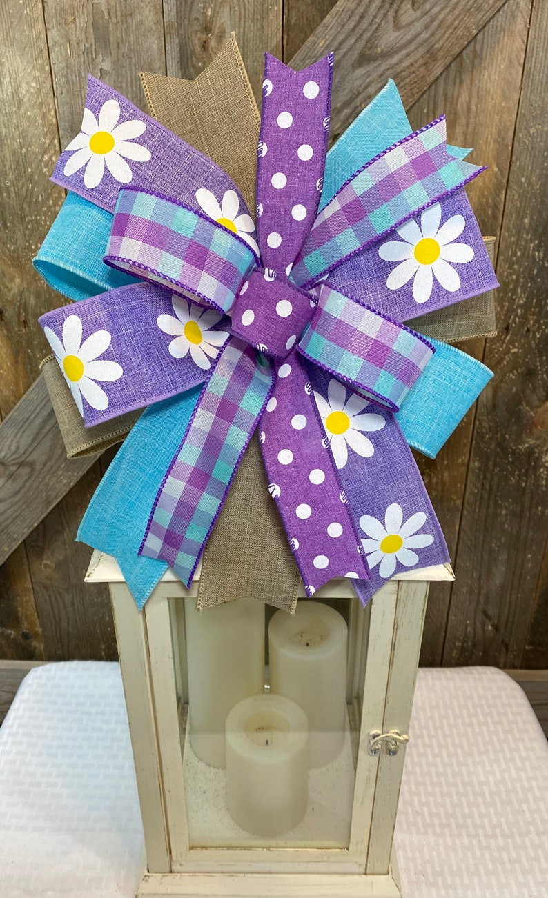 Bright Flower Bow for Lantern, Spring Summer Bow for Wreath, Purple Floral Bow Decor, Colorful Spring Flower Lantern Topper, Easter Decor image 6