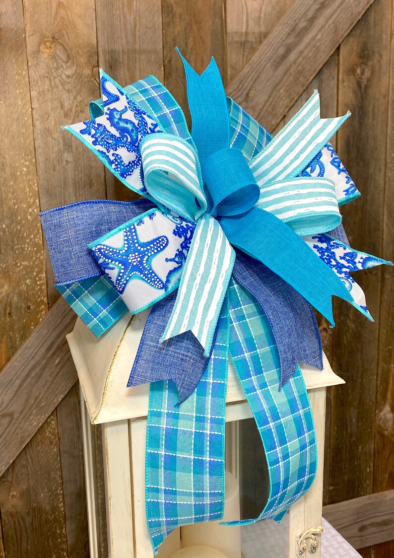 Beach Bow for Lantern, Ocean Ribbon Bow for Wreath, Year Around Beach House Decor, Nautical Door Decor, Starfish Bow for Wreath, Sea Bow image 3