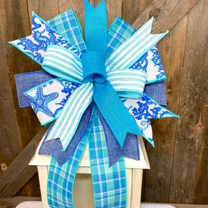 Beach Bow for Lantern, Ocean Ribbon Bow for Wreath, Year Around Beach House Decor, Nautical Door Decor, Starfish Bow for Wreath, Sea Bow image 2