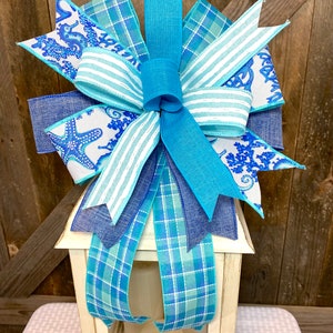 Beach Bow for Lantern, Ocean Ribbon Bow for Wreath, Year Around Beach House Decor, Nautical Door Decor, Starfish Bow for Wreath, Sea Bow image 4