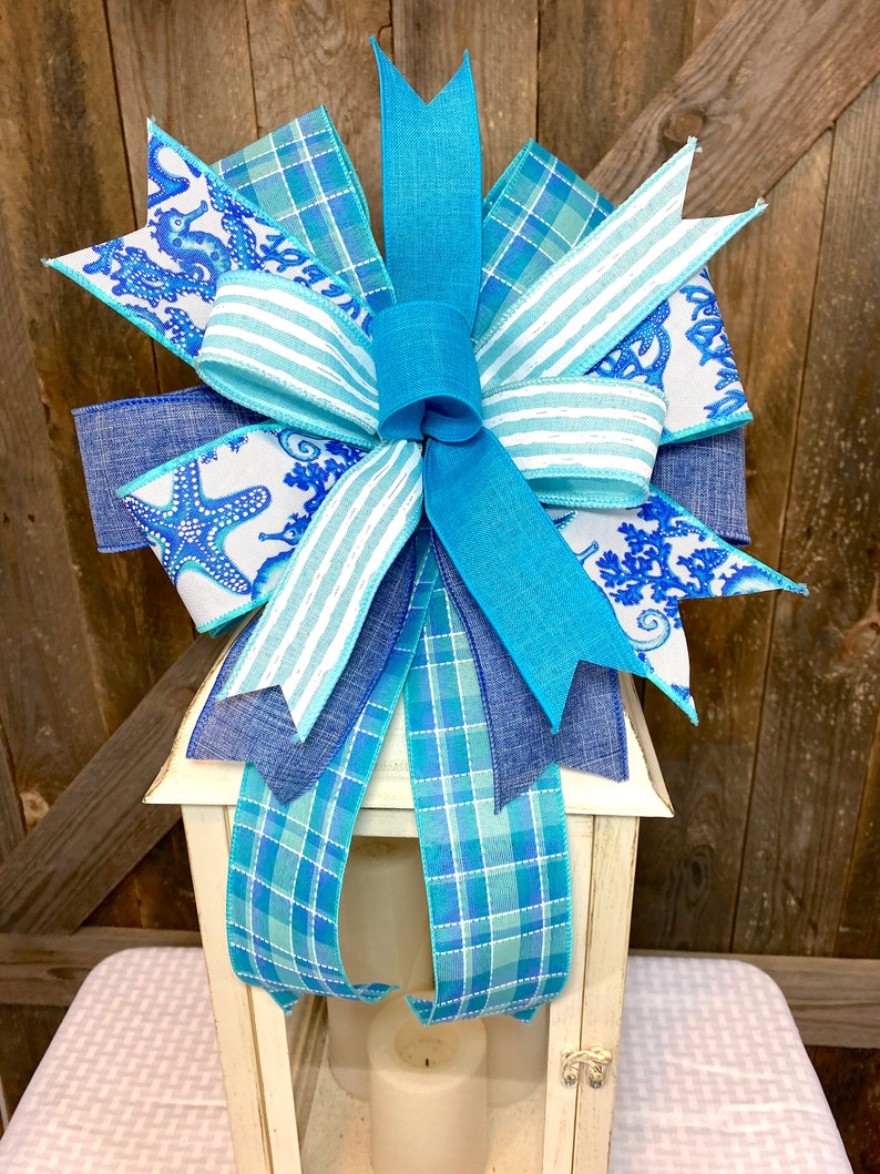 Beach Bow for Lantern, Ocean Ribbon Bow for Wreath, Year Around Beach House Decor, Nautical Door Decor, Starfish Bow for Wreath, Sea Bow image 4