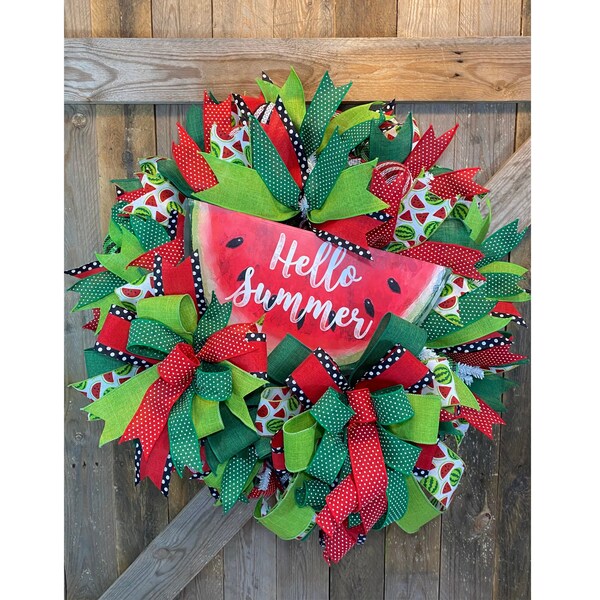 Summer Watermelon Wreath, Welcome Wreath for Front Door, Watermelon Slice Decor, Large Hello Summer Door Decor, Summer Porch Wreath