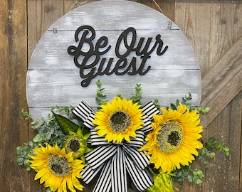 Farmhouse Sunflower Wreath for Front Door, Sunflower Wall Decor, Rustic Shiplap Decor, Best Country Wreath, Be Our Guest Door Wreath
