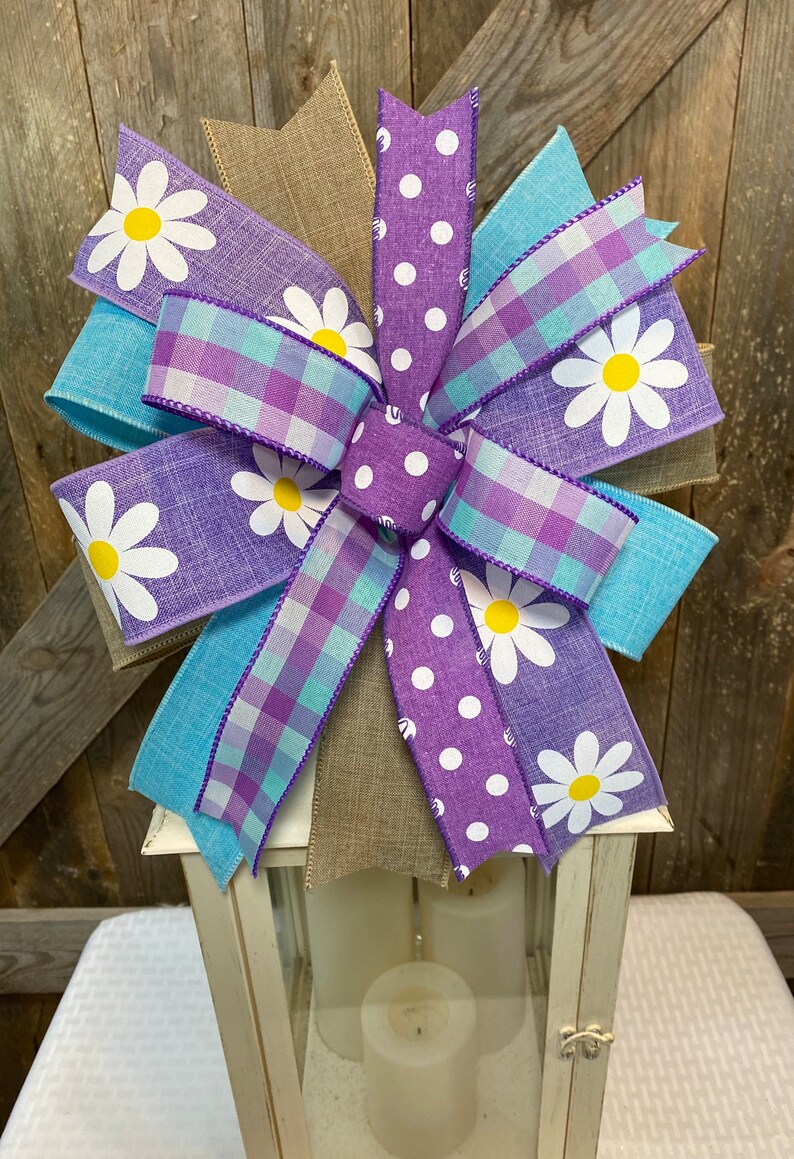 Bright Flower Bow for Lantern, Spring Summer Bow for Wreath, Purple Floral Bow Decor, Colorful Spring Flower Lantern Topper, Easter Decor image 2