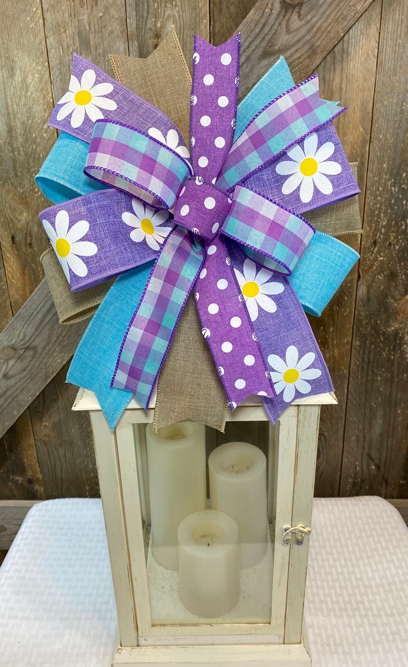 Bright Flower Bow for Lantern, Spring Summer Bow for Wreath, Purple Floral Bow Decor, Colorful Spring Flower Lantern Topper, Easter Decor image 4