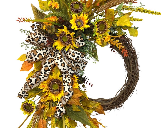 Fall Sunflower Wreath for Front Door, Sunflower Door Decor, Leopard ...