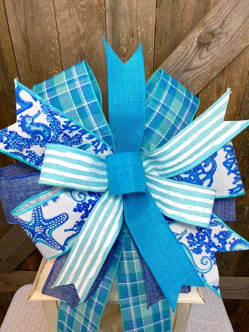 Beach Bow for Lantern, Ocean Ribbon Bow for Wreath, Year Around Beach House Decor, Nautical Door Decor, Starfish Bow for Wreath, Sea Bow image 7